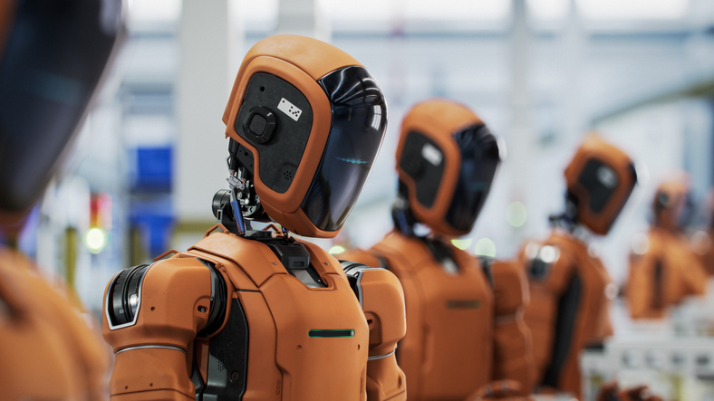 3d render: portrait of orange ai enabled humanoid industrial robot with black visor. autonomous humanoid robots stading in a row on conveor line at fullfilment center.